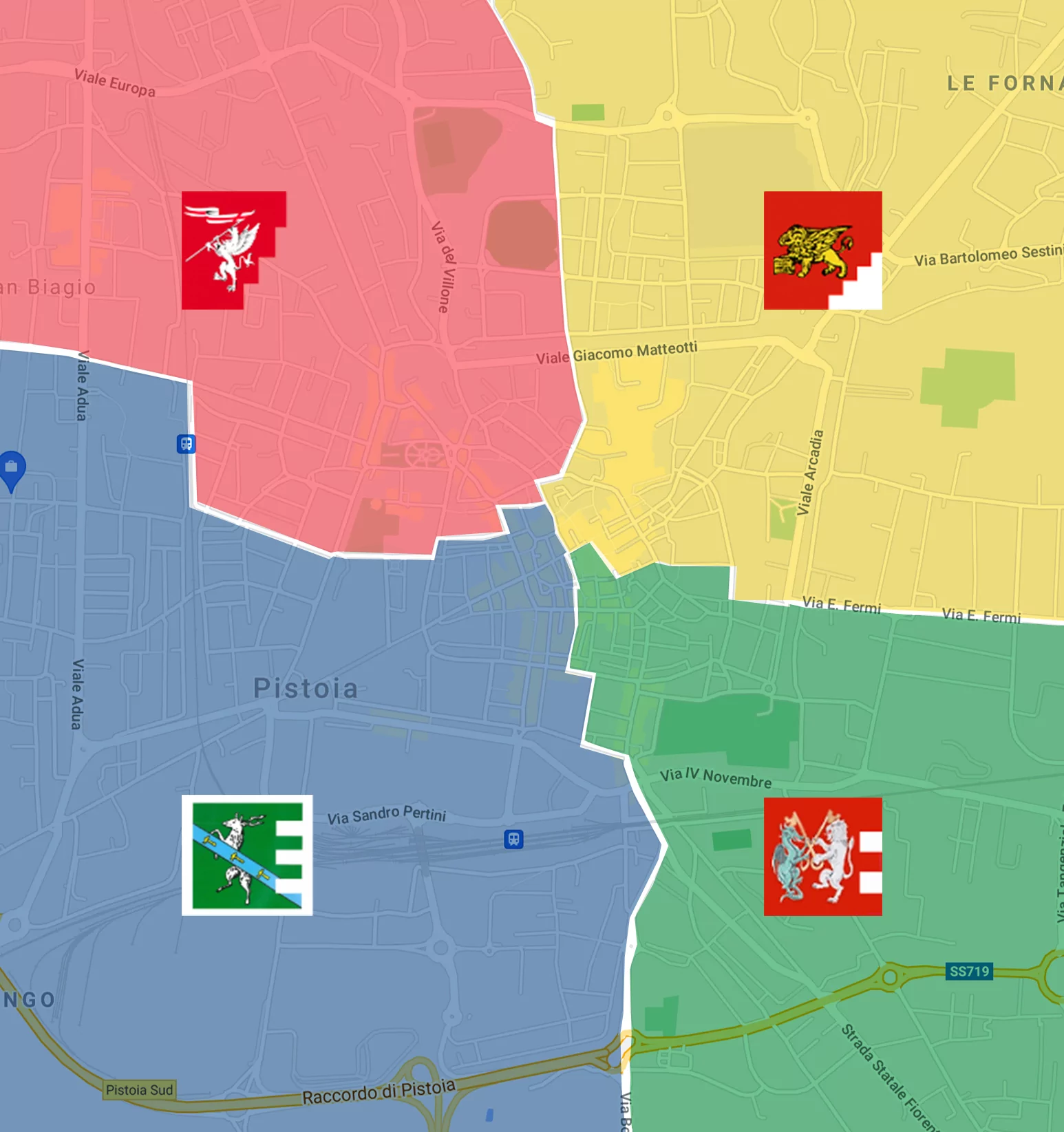 Mappa dei quattro Rioni di Pistoia